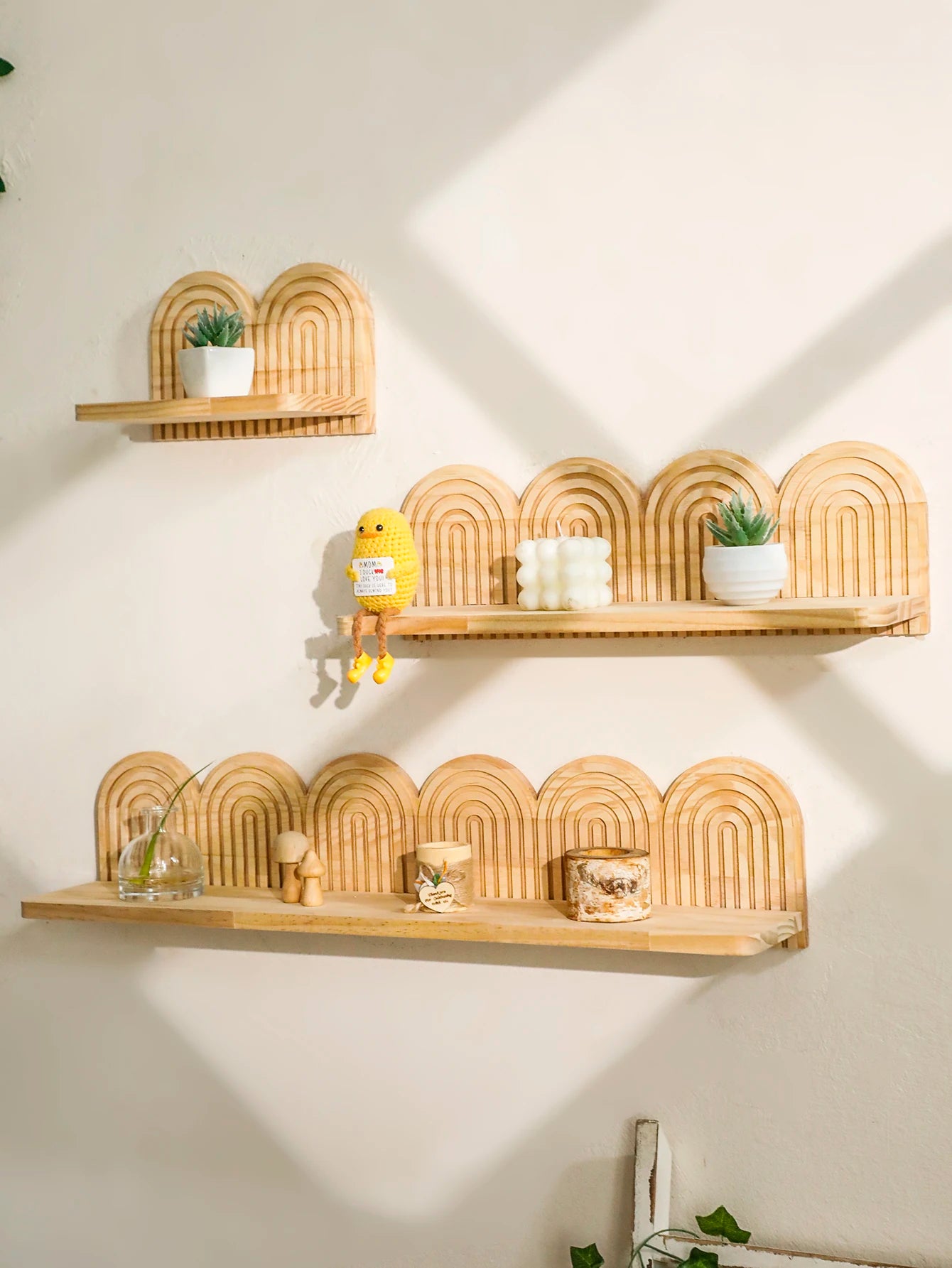 1Pc Boho Style Wooden Wall Shelves - Geometric Wall Mounted Shelves, Natural Wood Finish, Modern Home Decor, Plant Decorative