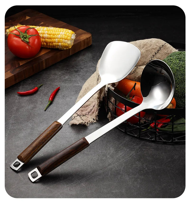 Kitchen Wooden Handle Wok Spatula Cooking Utensils Stainless Steel Frying Shovel Colander Soup Rice Spoon Kitchenware Tools