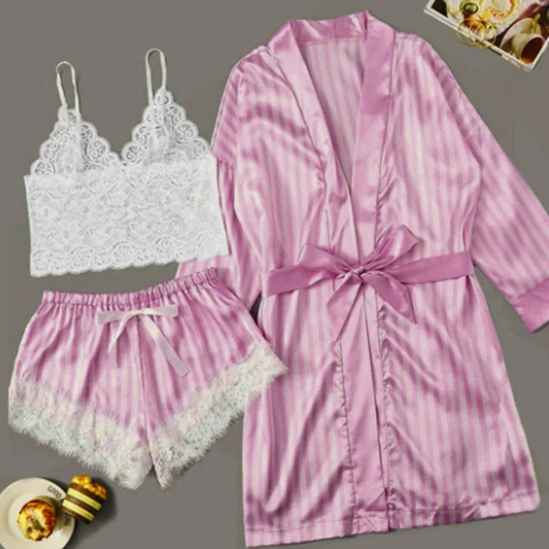 new Women's Sleep Lounge New Pajama Sets European American 4-piece set with lace satin suspender summer set for sleeping pajamas