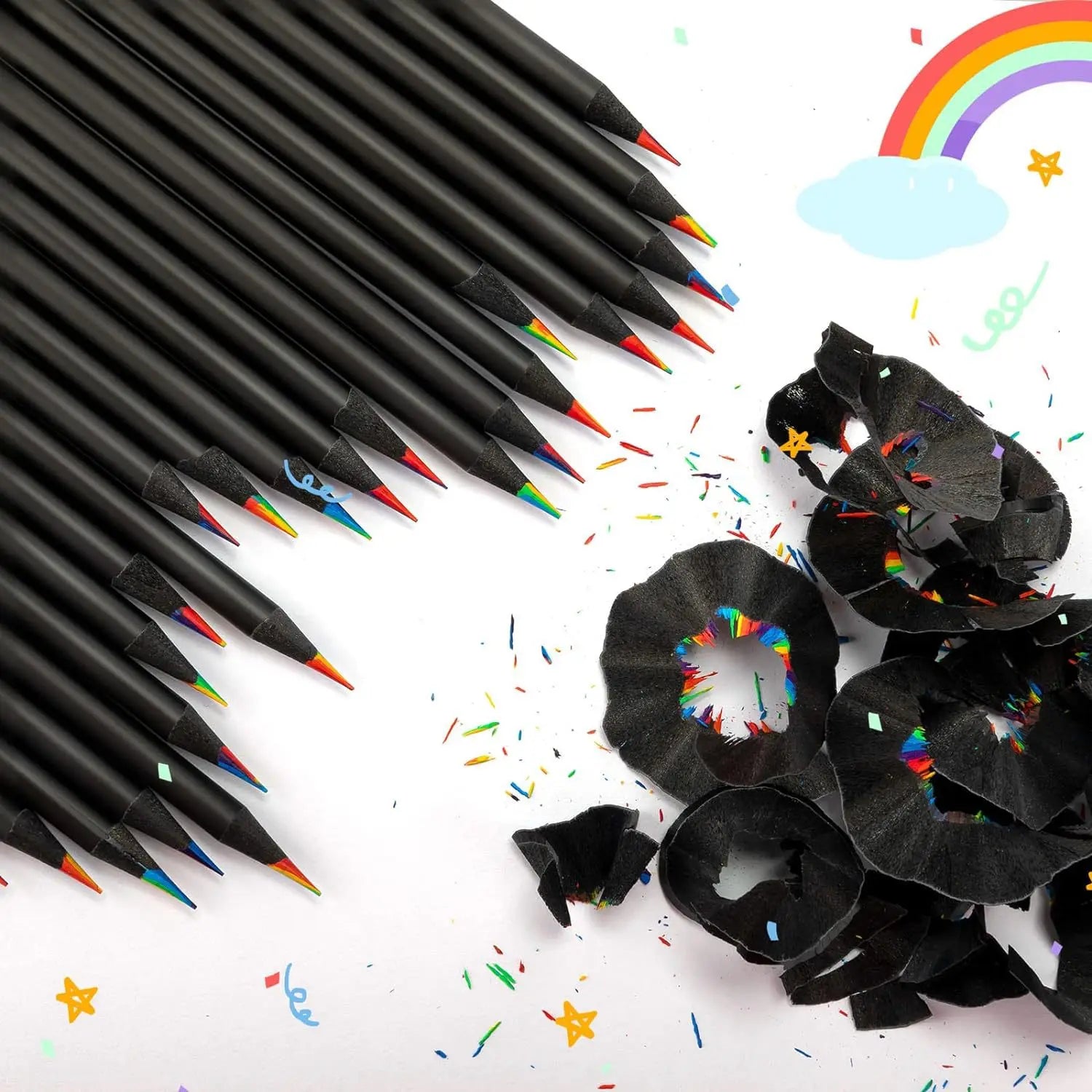 10 Pcs 7-in-1 Rainbow Colored Black Wood Pencils for Sketching Doodling Coloring Painting - Assorted Colors