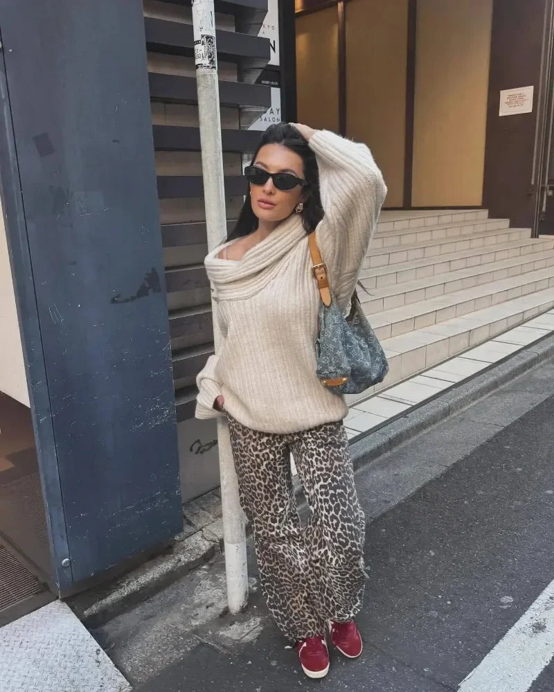 Tuularose Women's Off-Shoulder Sweater Fashion Loose Casual Brown Retro Pullover Spring High Street Office Lady Tops Knitwear