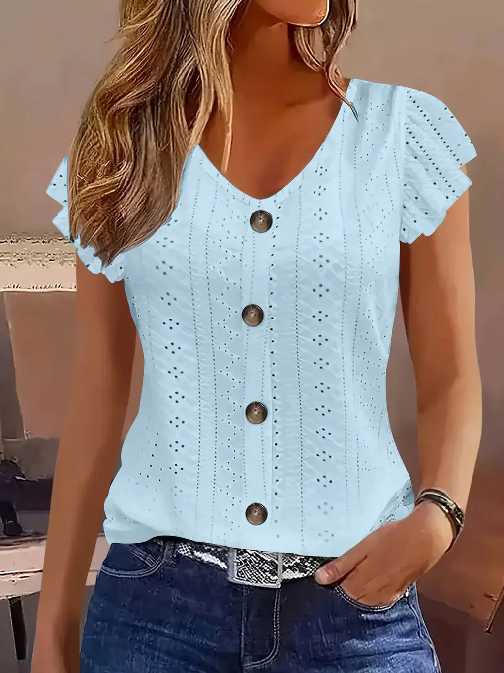 2025 Women's Sexy Tops Casual Solid Color V Neck Short Sleeve Shirts Summer Women's Button Casual Ladies Loose Fashion Blouses