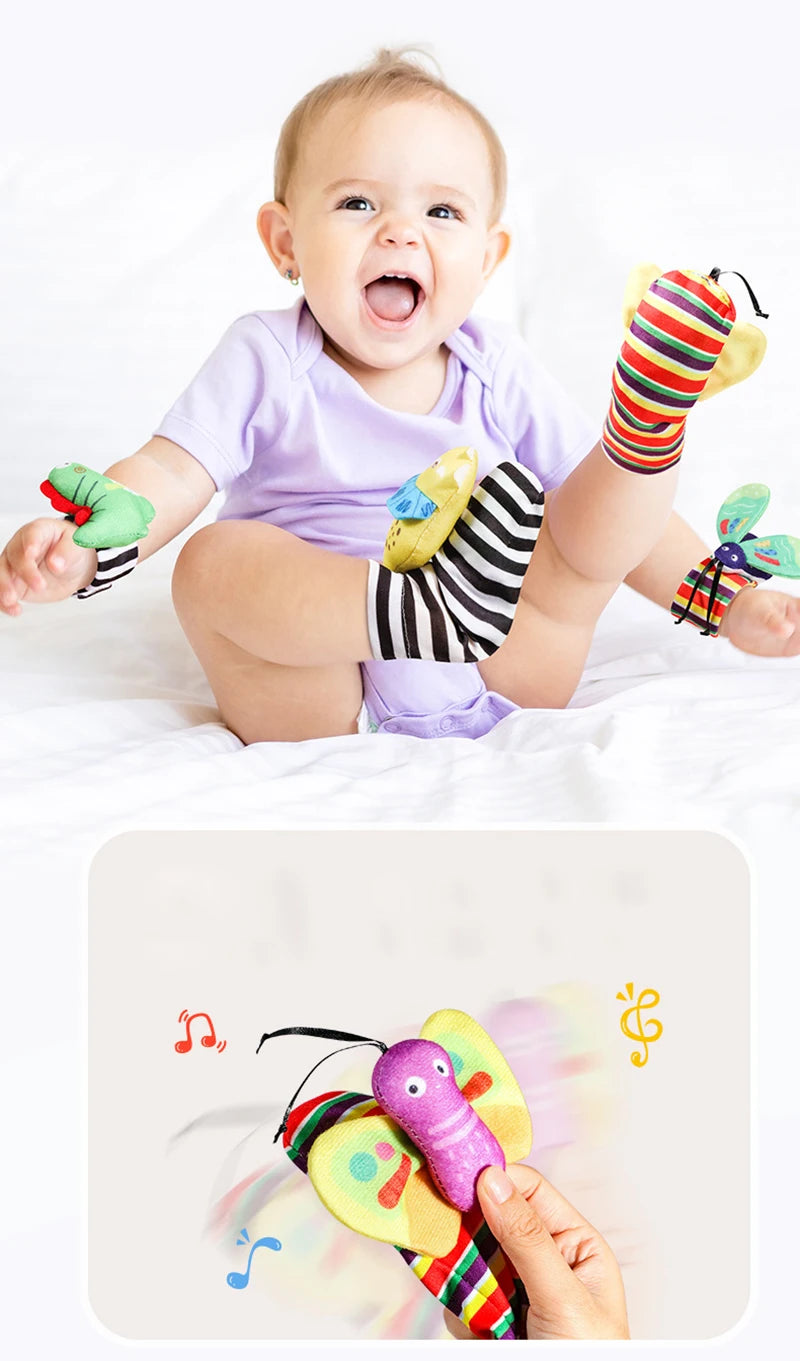 Baby Wrist Rattles Socks Newborn Animal Socks Infants Foot Finder Wrist Strap Baby Socks Sensory Toys Baby Toys 0-12 Months Gift