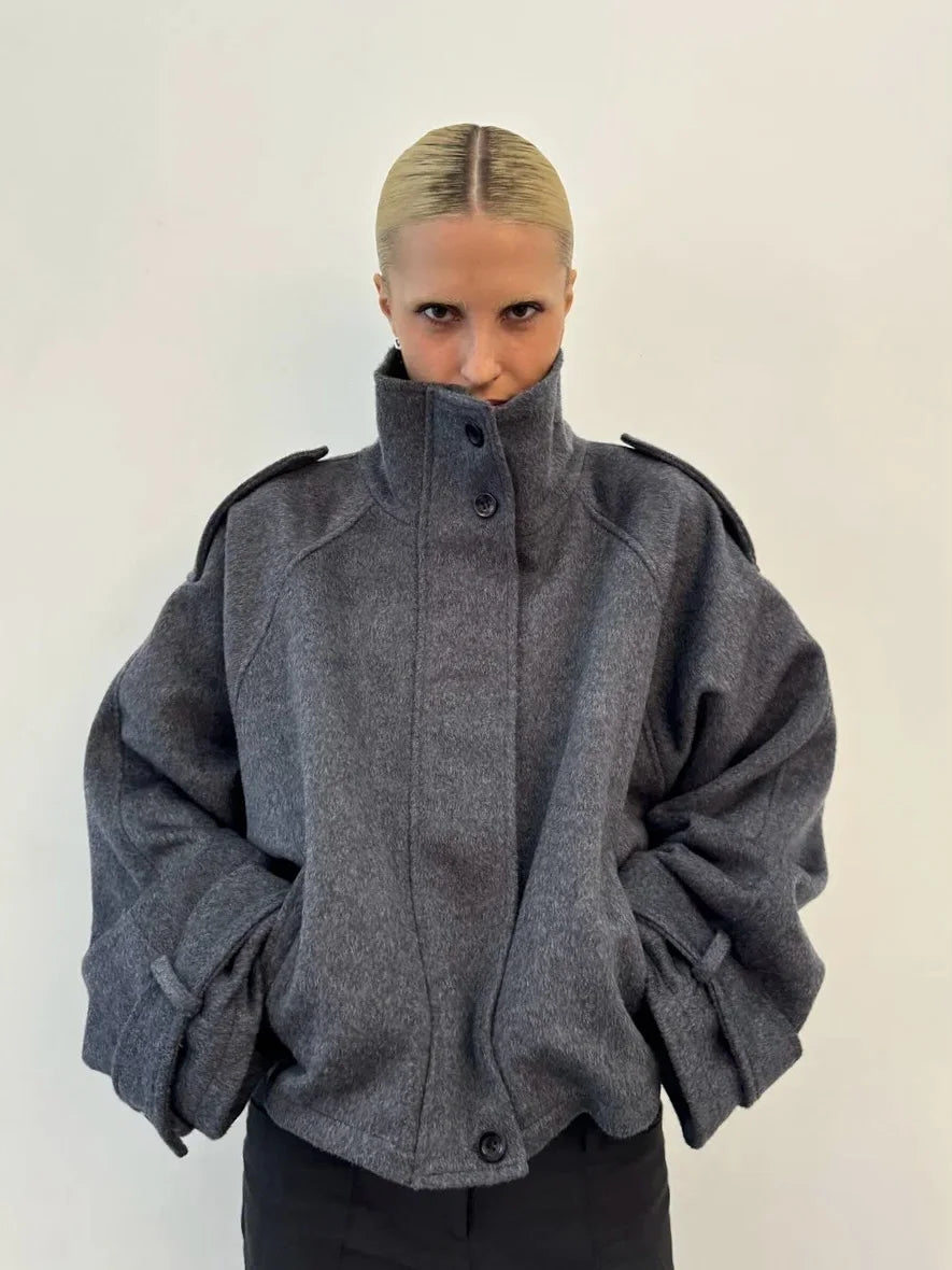 Elegant Women's Short Woolen Coats Stand Collar Double Breasted Long Sleeve Female Jacket 2025 Autumn Winter Lady Warm Outwear