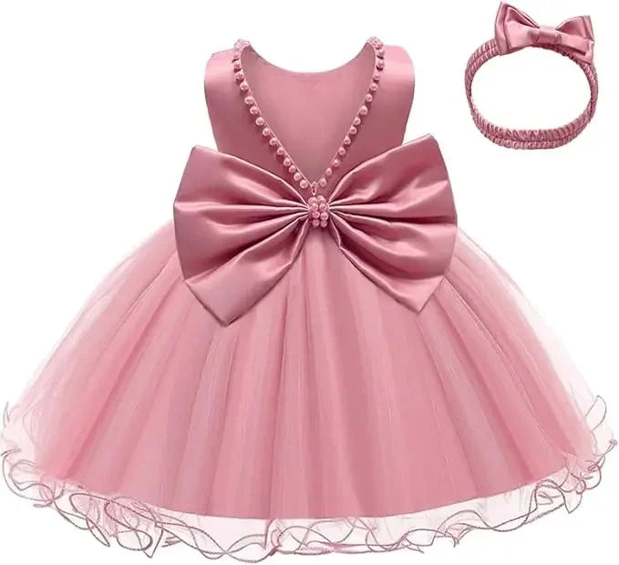 Baby Dresses For 1st Birthday Girls Party Dresses with Headwear Bowknot Toddler Girl Princess Dress Backless Kids Wedding Dress