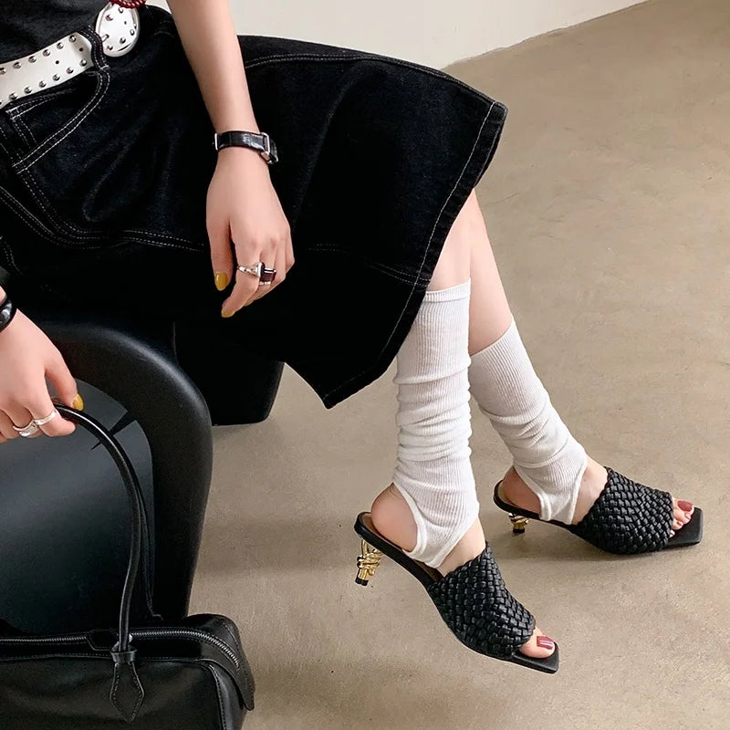 Summer Sandals Women Concise Style Slippers Weave Sandals for Girls Sexy Kitten Heel Elegant Dress Party Wedding  Sandalias
