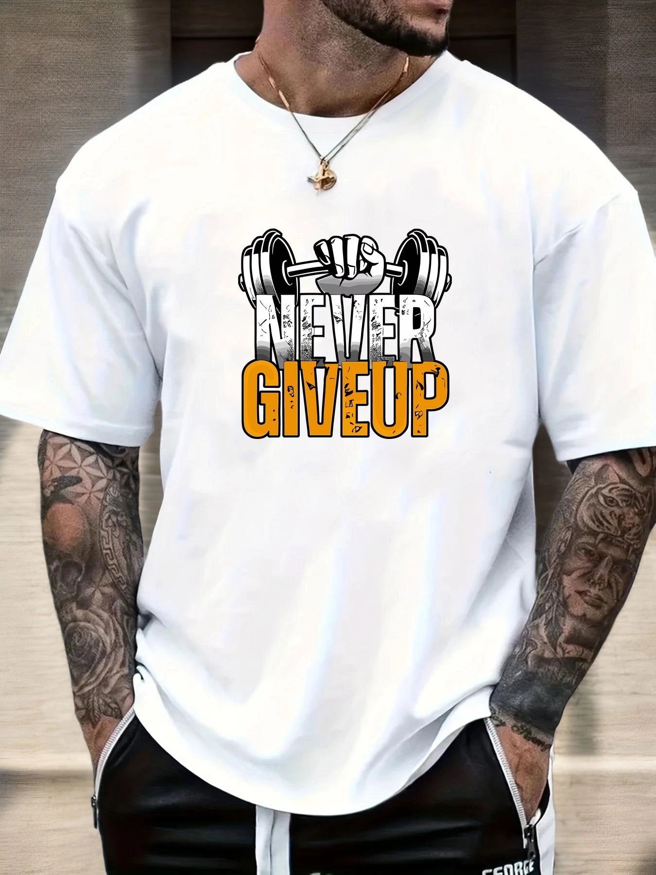 Men's Gym T-shirt Never Give Up Print Short Sleeve Soft Oversized Fitness Daily Wear