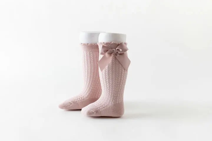 Simmer Spring Mesh Thin Cotton Korean Bow White Stockings Baby Princess Knee High Long Socks with Lace Ruffles for Newborn Girls