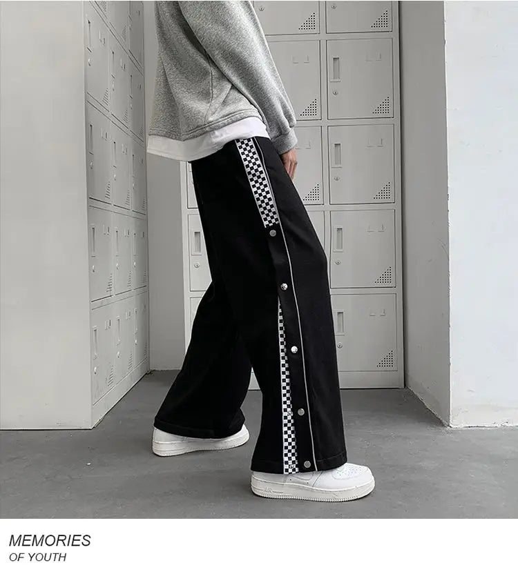 Split Reflective Stripe Casual Pants Unisex Trendy Patchwork Button Pants Spring Summer Straight Loose Sports Pants