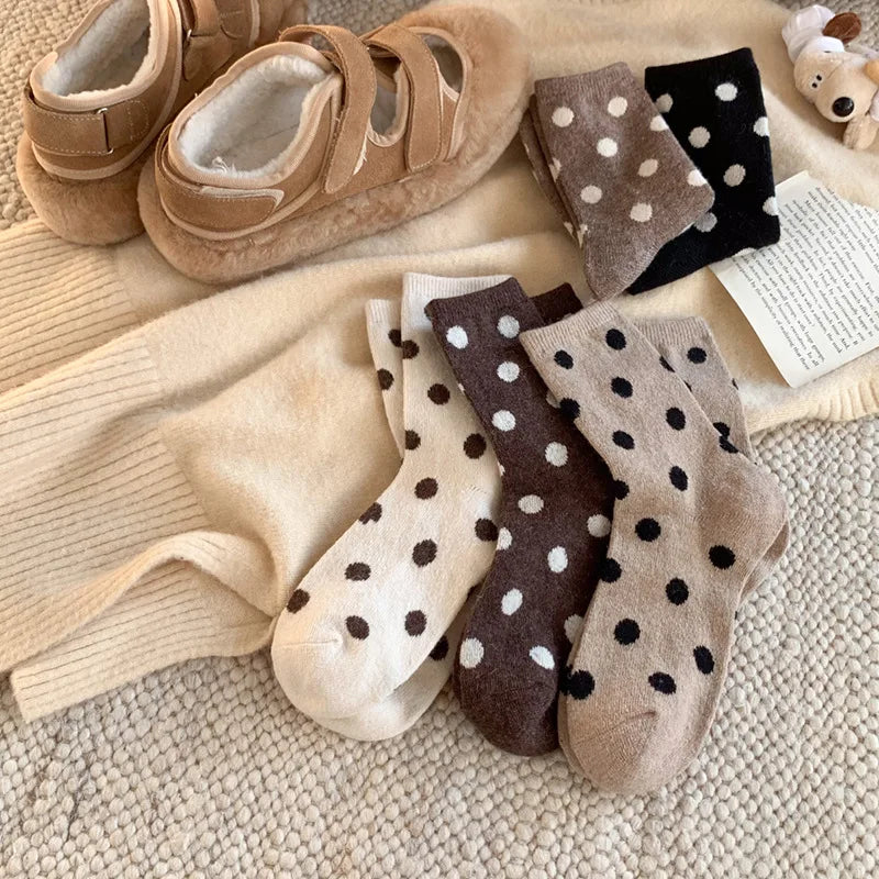 Socks for Women Autumn Winter Thick Warm with Polka Dot Black Maillard Velvet Coffee Mid-tube Socks
