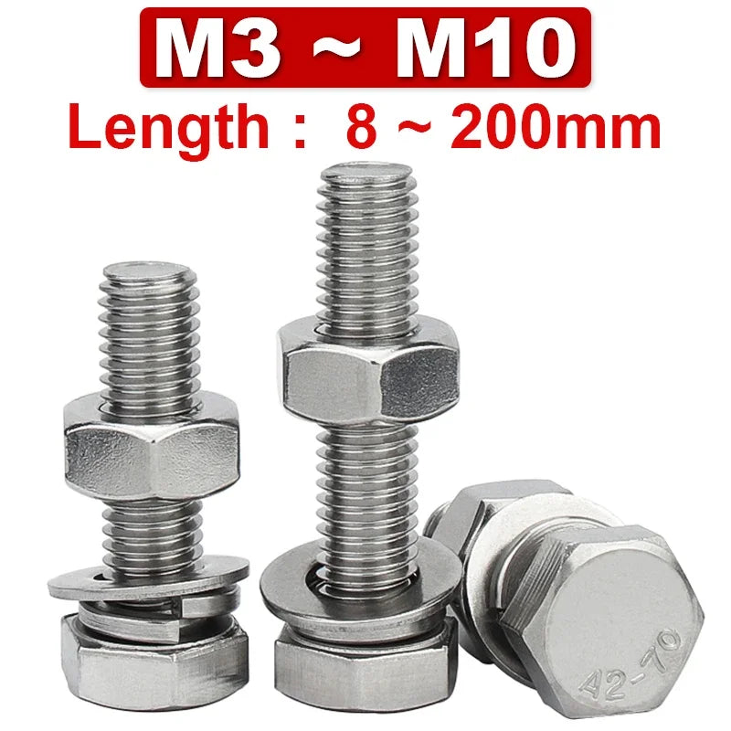 4 In1 Set 304 Stainless Steel Hexagon Screw Nut Flat Washer Spring Washer Gasket Bolt Combination M3M4M5M6M8M10M12~M36 Lengthen