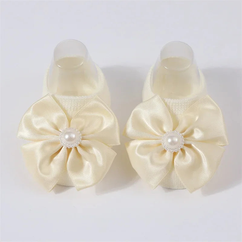 Baby Pearl Bow Solid Color Floor Socks Newborn Infant Knitted Breathable Socks Sweet Cute Girls Princess Children Birthday Gifts
