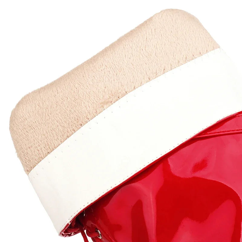 Women Sexy Cross Tied Thigh High Boots Pointed Toe Thin High Heels Over The Knee Boots Patent Leather Shoes Woman 33-46