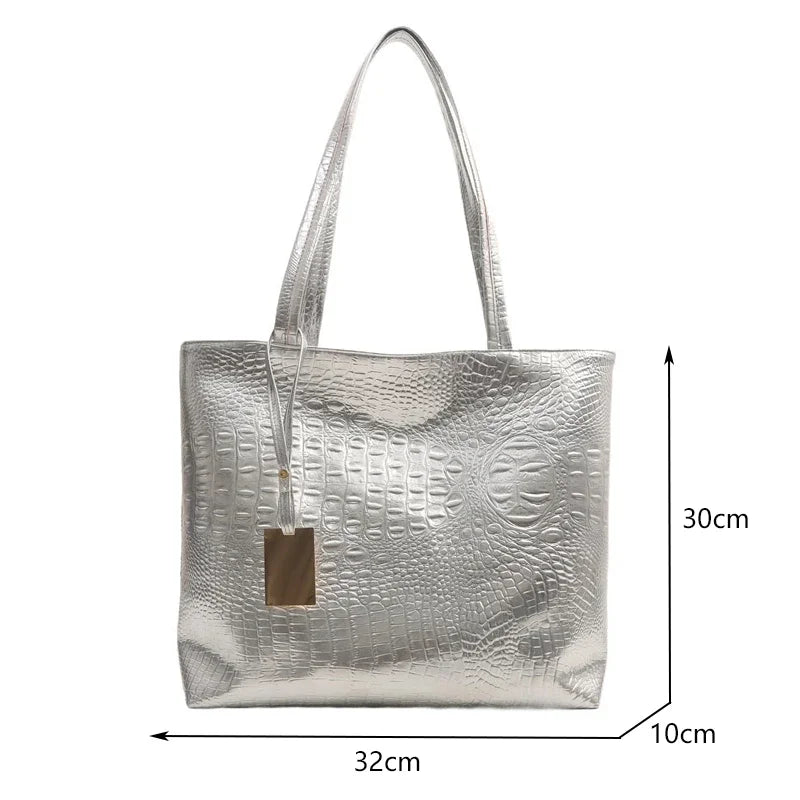 Fashion Casual Women Shoulder Bags Silver Gold Black Crocodile Handbag PU Leather Female Big Tote Bag Ladies Shopping Bag