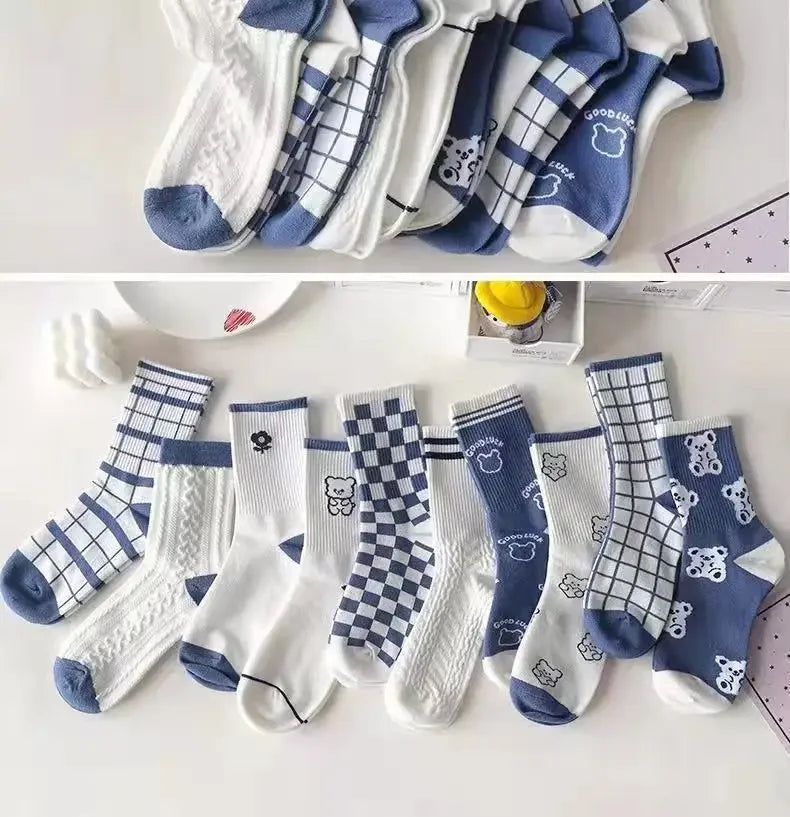 Women's Socks Warm Socks In Autumn and Winter Blue Socks Students High-top Striped Checkered Sports Stockings
