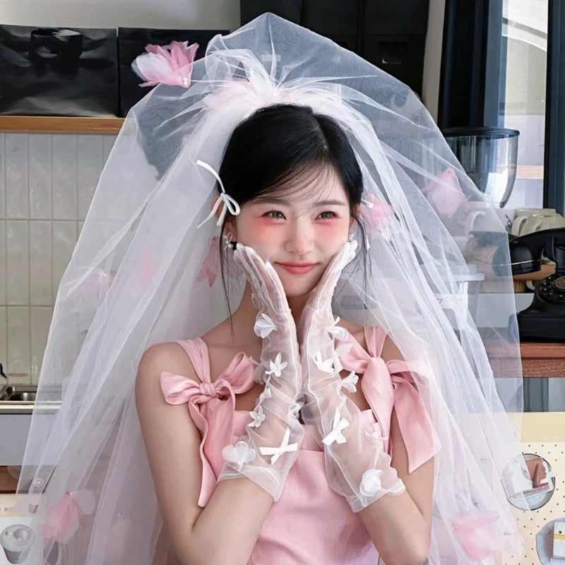 Bride Veil Studded Bowknot Beaded Head Covering Wedding Hair Covering White Wedding Veil Headscarf Short Veil DropShip