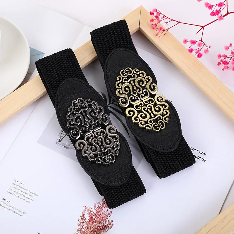 Korean Fashion Ladies Rose buckle Decorated Elastic Wide Belt Buckle Dress Sweater Sweater Waist Belt for Woman