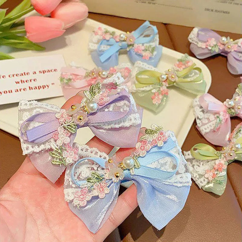 2PCS/Set Cute Flower Embroidery Bow Hair Clips for Baby Girl Sweet Bowknot Duck Tongue Clips Kids Barrettes Fairy Headdress