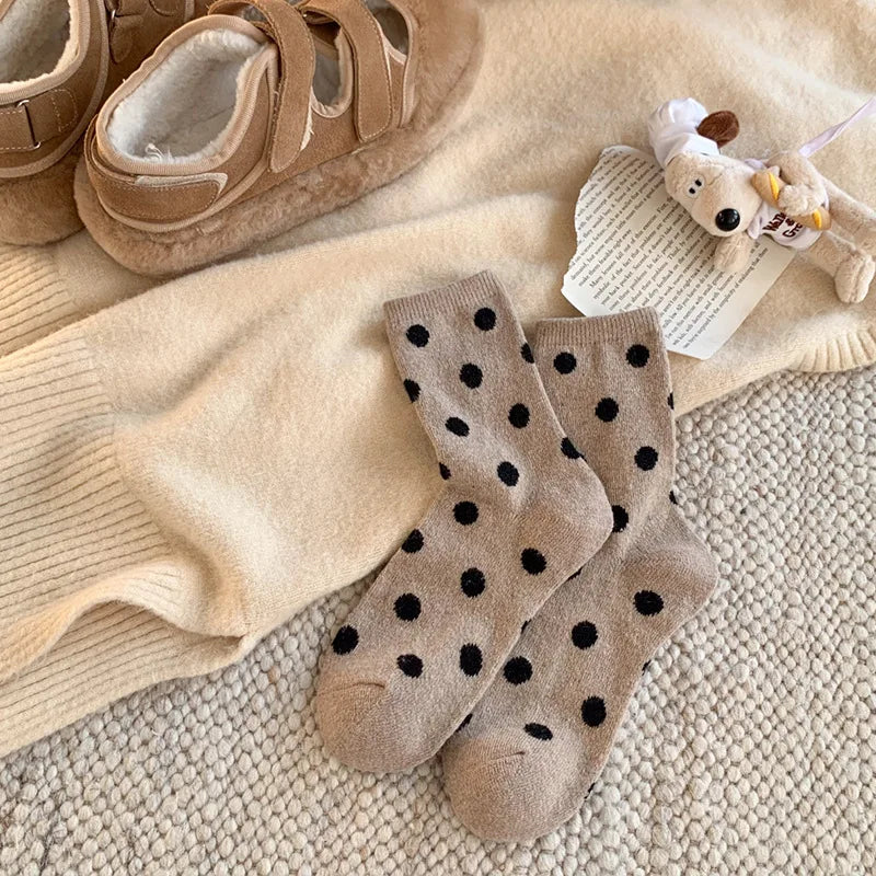 Socks for Women Autumn Winter Thick Warm with Polka Dot Black Maillard Velvet Coffee Mid-tube Socks