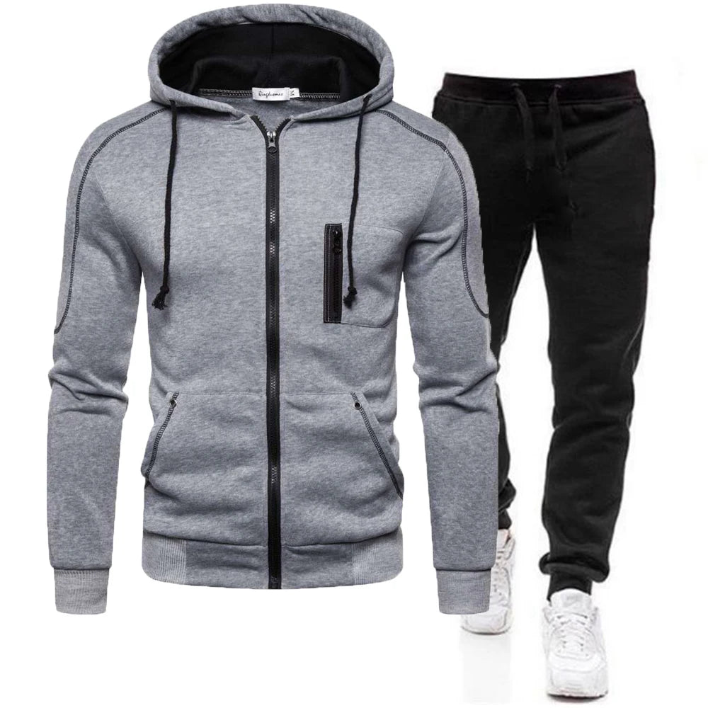 Men tracksuit zipper hood multi-pocket and protective pants casual jogging tracksuit fall/winter 2-piece setLarge size S-3XL