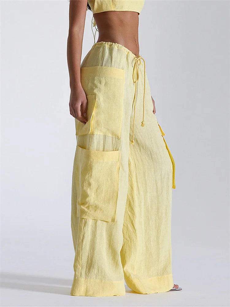 Women's Loose Cargo Pants Solid Color Drawstring Wide Leg Trousers with Pockets Casual Sweatpants Streetwear