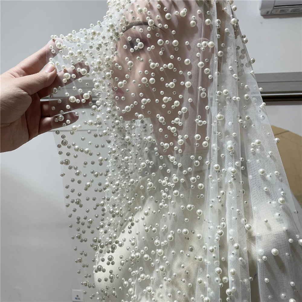 1Tier Wedding Veil With Pearls Long Luxury Bridal Veil with Comb Scattered Dense Pearls Cascading Mantilla Cathedral Custom Veil