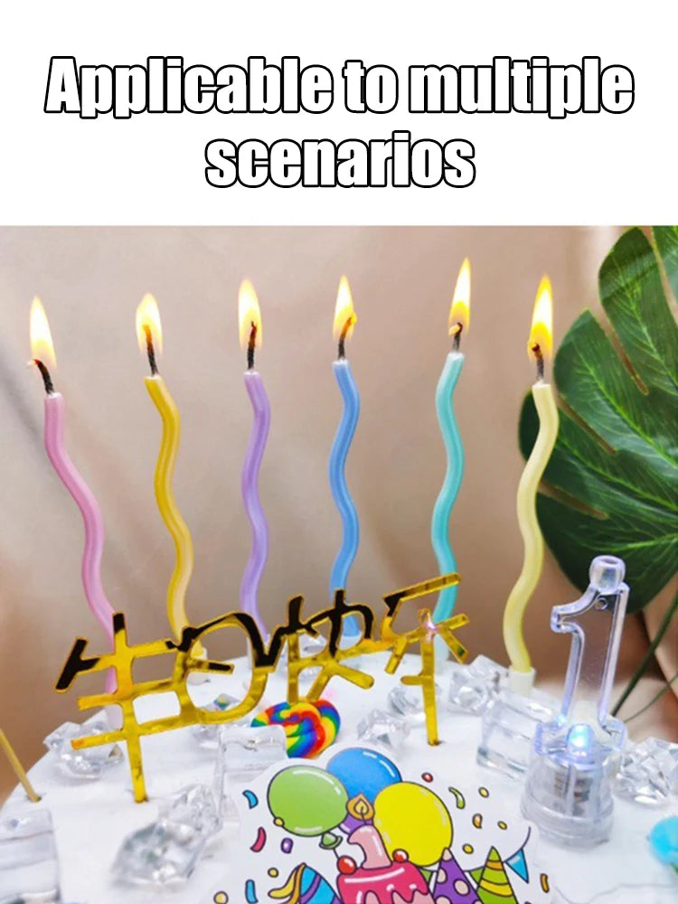 Six Birthday Candles In Various Colors, Including Curved, Rotating, Spiral Cakes, For Baking