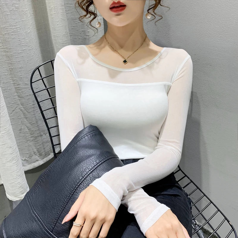 Autumn Winter Round Neck T shirt Women Sexy Mesh Bottoming Shirt Long Sleeve Solid Color Slim Fit Long Sleeve Casual Tops