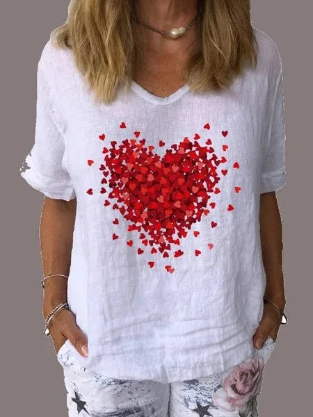 1PC Milk Silk European Style Women's Red Love Print V-neck T-shirt Blouse Short Sleeve