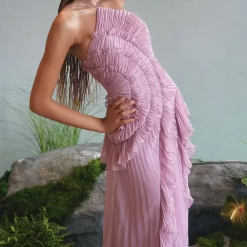 Sweet Gown Neck Strap Modest Irregular Long Dress Ruffle Eye-Catching Women Designers Dresses Summer Elegant Pastel Party Date
