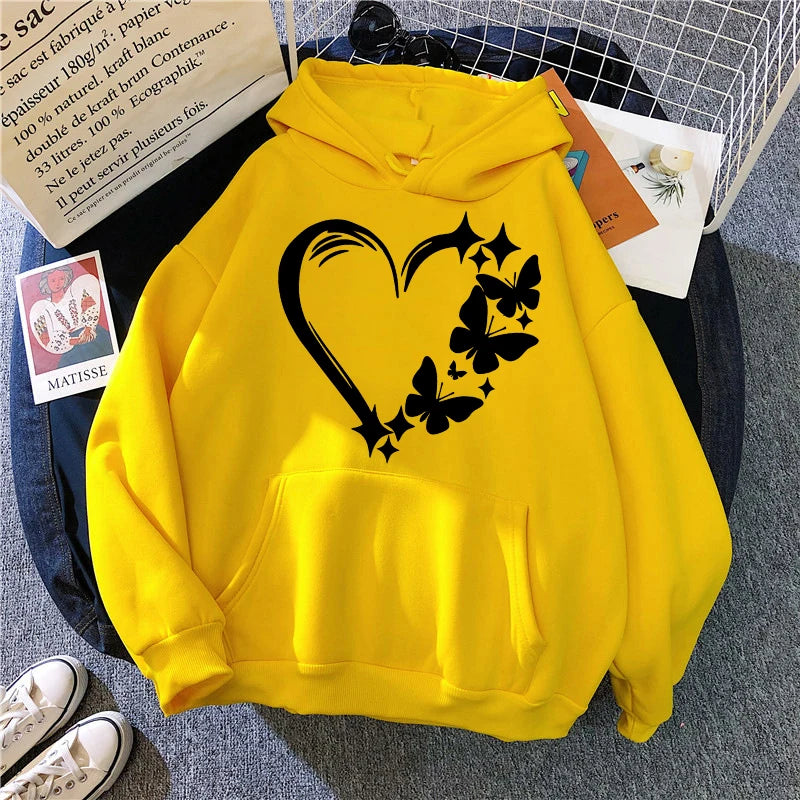 Combination of Love and Butterfly Pattern Long Sleeve Hoodies Women's Trendy Pocket Sweatshirt  Vintage Y2k Hooded Clothing