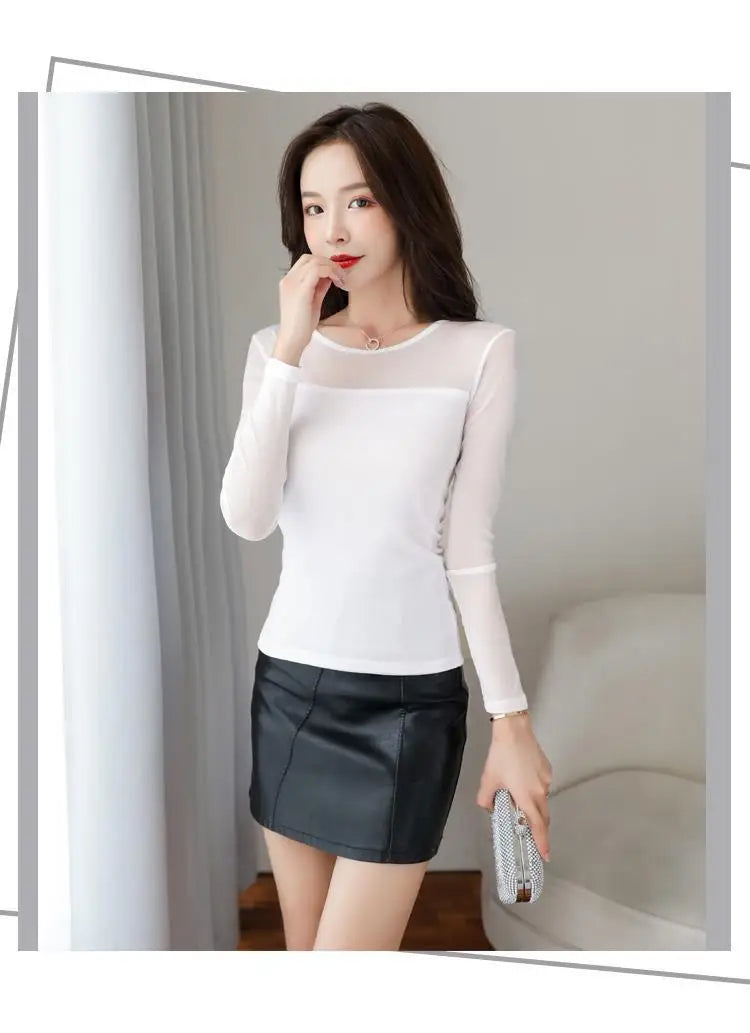 Mesh Bottoming Shirt for Women Long-sleeved T-shirt Autumn Winter New Korean Style Round Neck Slim Shirt with Tight Top Inside