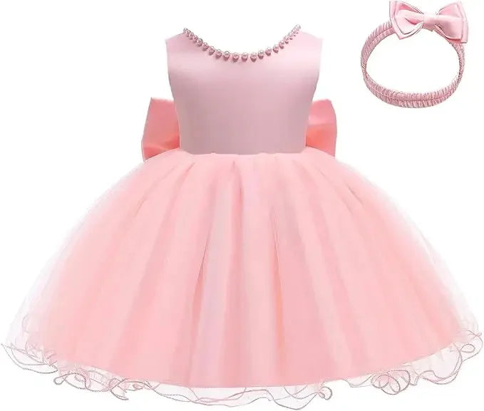 Baby Dresses For 1st Birthday Girls Party Dresses with Headwear Bowknot Toddler Girl Princess Dress Backless Kids Wedding Dress