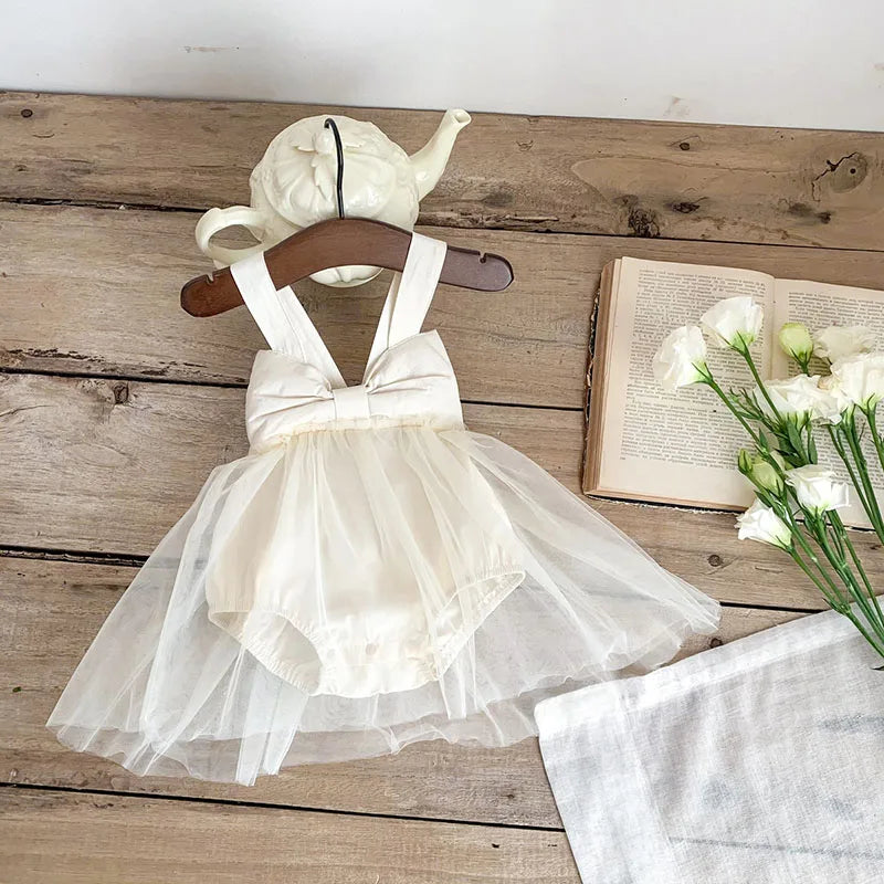 2024 New Summer Baby Tutu Dress Big Bow Birthday Clothes for Newborn Toddler Suspenders Gauze Bodysuit for Girls