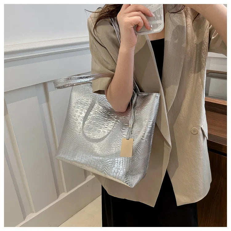 Fashion Casual Women Shoulder Bags Silver Gold Black Crocodile Handbag PU Leather Female Big Tote Bag Ladies Shopping Bag