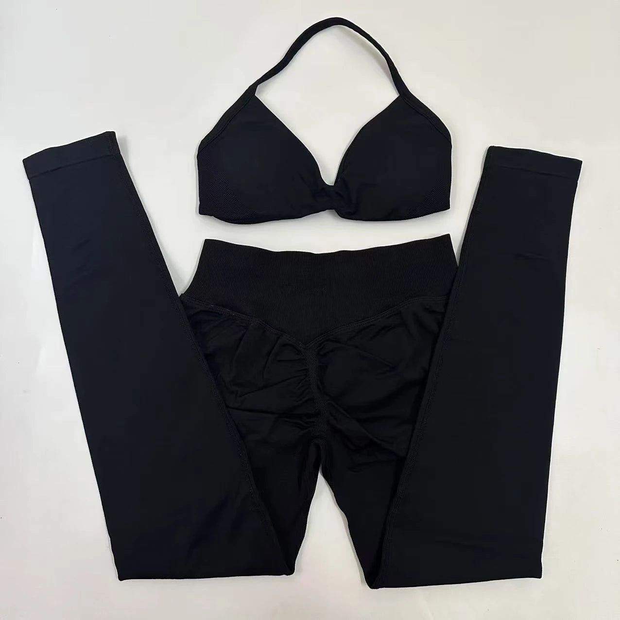 Seamlessyoga Set Women Workout Scrunch Leggings Set Strappy Halter Sports Bra Fitness Gym Clothing Workout Set 2 Pieces