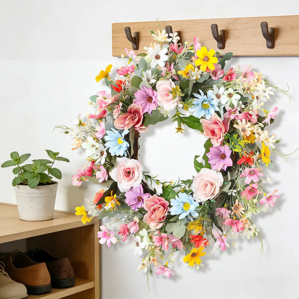 Artificial Daisy Flower Wreath for Spring,Valentine Easter Door Wall Decor, Wedding Party Garland Indoor Outdoor Home Decoration