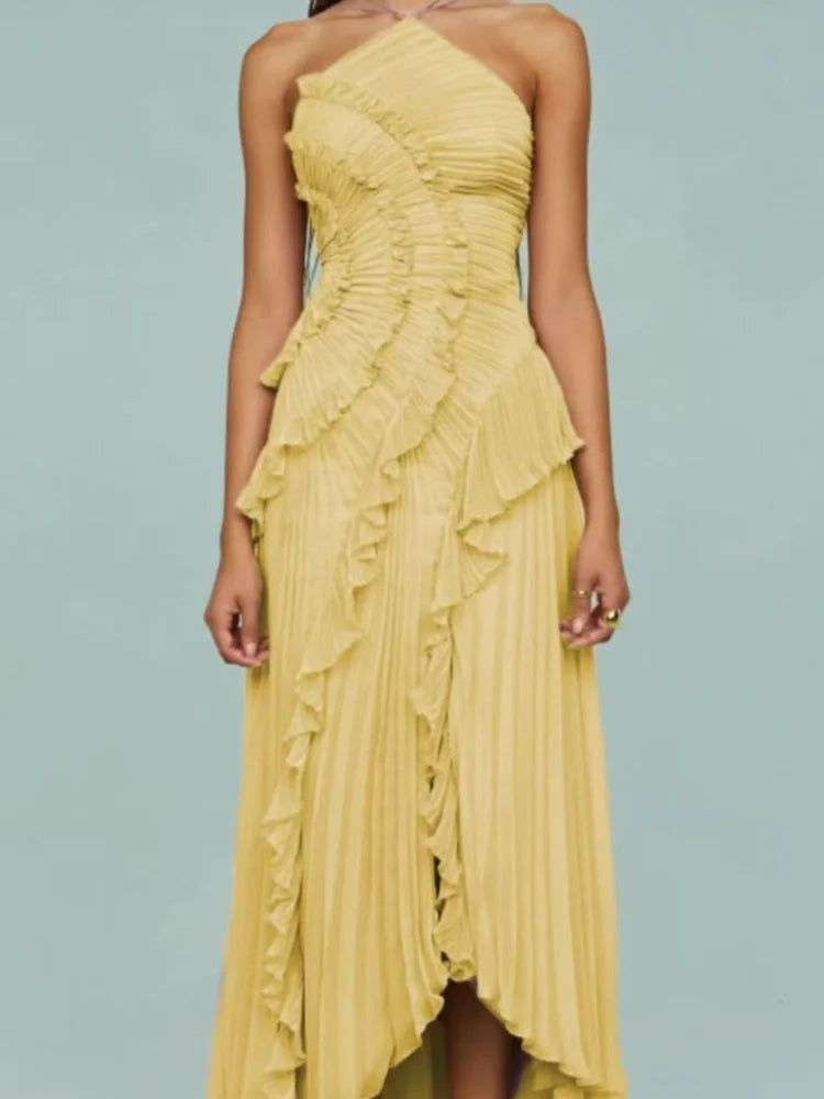 Elegant Neck Strap Ruffles Evening Gown Solid Folds A Line Lace Up Backless Sexy Party Dress 2025 New Party  Vacation Y2k Robe