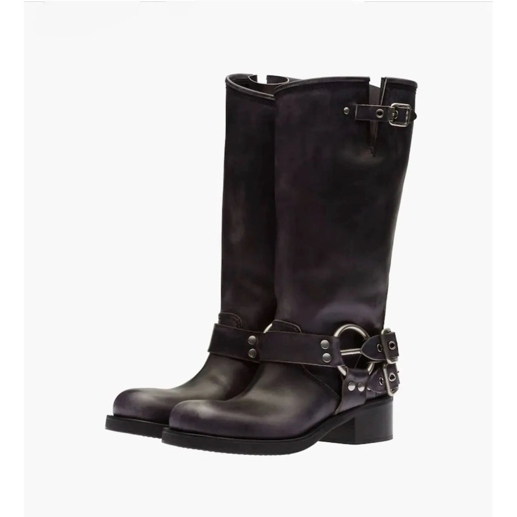 Arden Furtado 2025Autumn Brown Platform Motorcycle boots Round toe Belt buckle Slip-on Middle heel Knee high boots Western boots