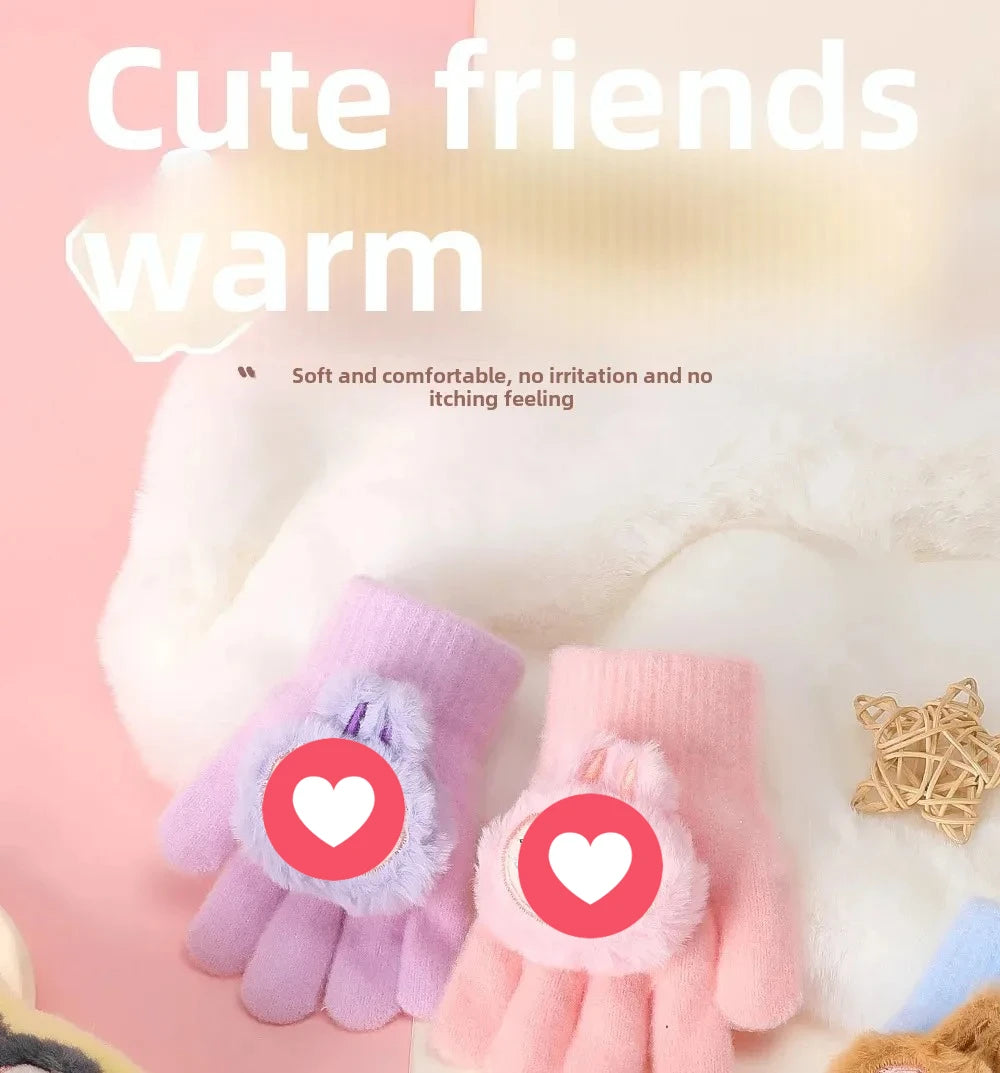 2025 New Children's Five-Finger Warmknit Gloves Winter Warm Simple Cartoon Design Universal Fit For Boys And Girls