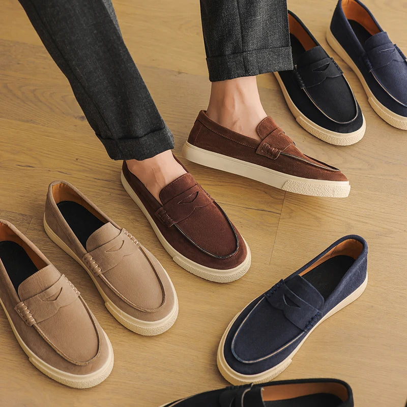 New Suede Leather Mens Loafers Cowhide Slip On Flats Handmade Casual Shoes Leisure Walk Moccasins Outdoor Business