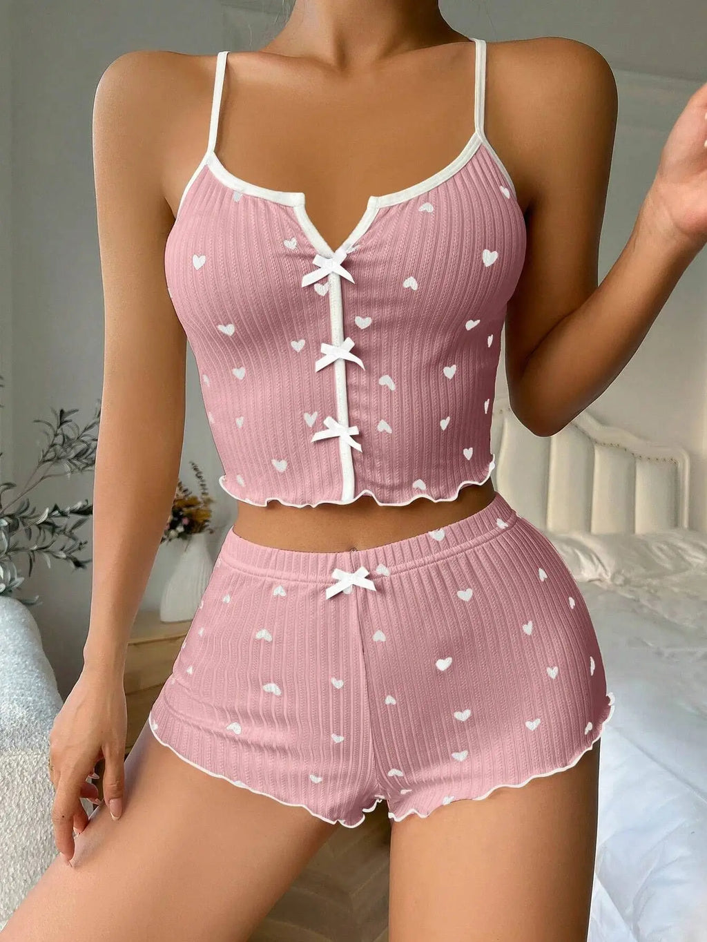 Sexy Sleepwear Women Pajamas Set Heart Print Silk Stain V-Neck Sleeveless Casual Cami Top and Shorts Sets Home Suit Loungewear