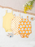 3Pairs/Lot Summer Baby Girl Newborn Baby Sling Onesie 3 Pieces Cute Polka Dot Flower Pattern Cool Breathable Comfortable Onesie