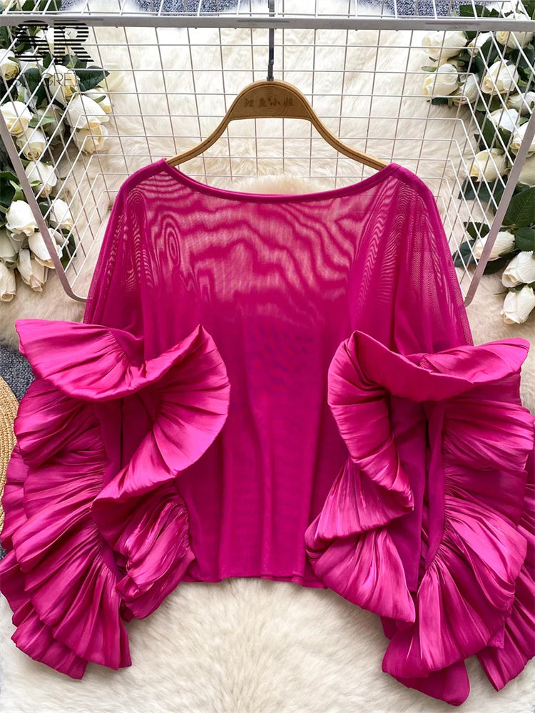 SINGREINY Autumn Ruffles Party Blouses Female O Neck Long Sleeves Temperament Mesh Shirts Women Senior Sheer Loose Thin Tops