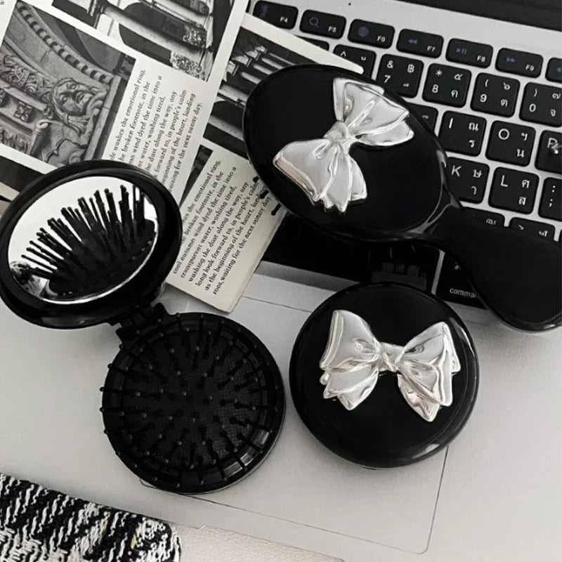 Portable Cute Bow Mini Round Hair Comb Hair Salon Hairdressing Massage Folding Hair Brush Air Cushion Comb Makeup Beauty Tools