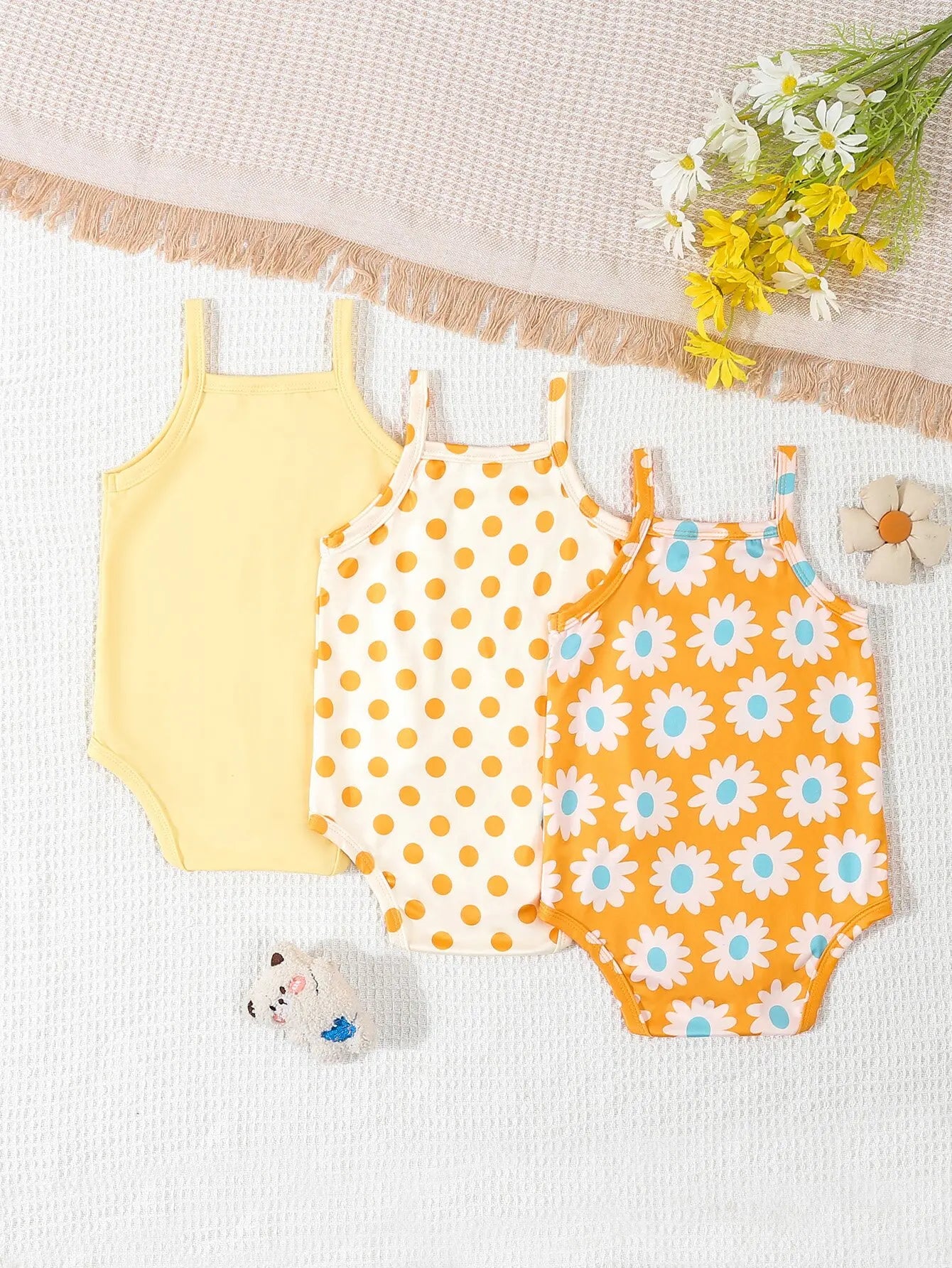 3Pairs/Lot Summer Baby Girl Newborn Baby Sling Onesie 3 Pieces Cute Polka Dot Flower Pattern Cool Breathable Comfortable Onesie