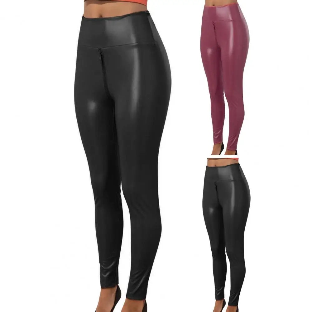 Women Pants Skinny Tummy Control Faux Leather Zipper Open Crotch Lady Trousers Butt-lifted Matte Exotic Bodycon Trousers