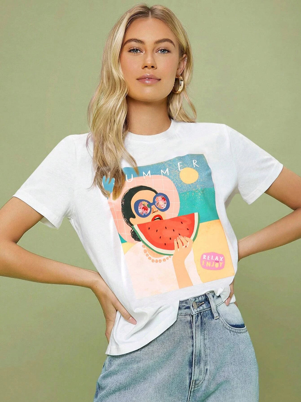 Eating Watermelon On The Beach Pattern Painting Tees Comfy Soft Women T-Shirt Trendy Nice Clothes Daily Versatile Short Sleeve