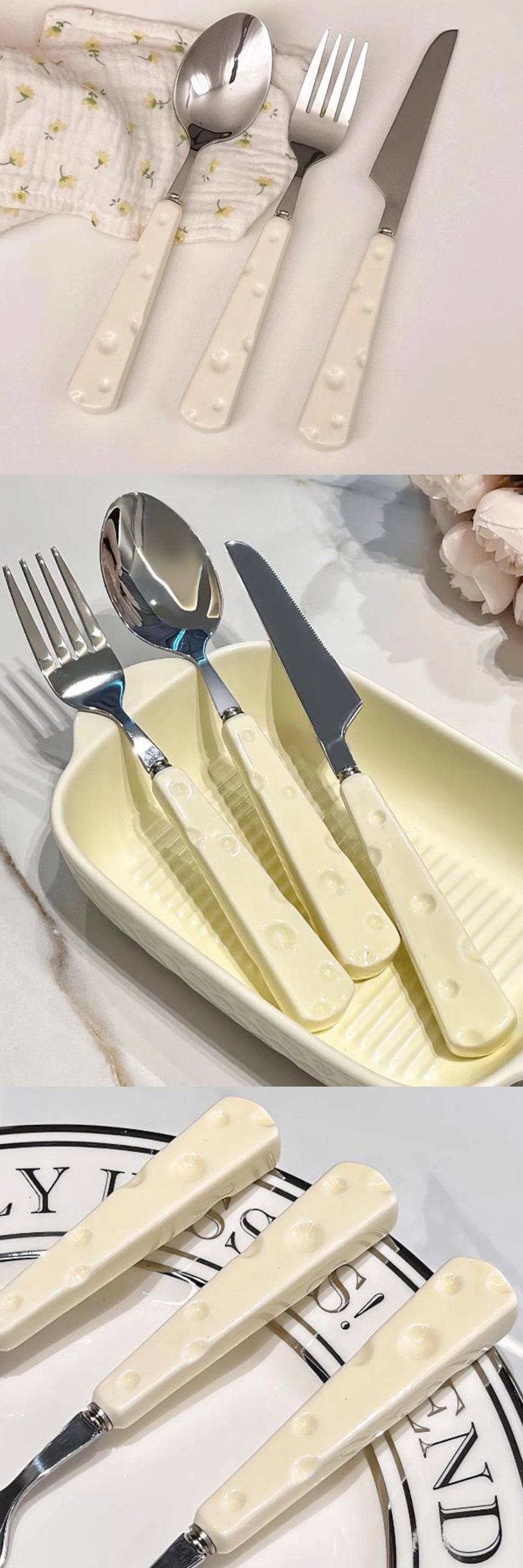 1/3PCS Tablewares Stainless Steel Knife Fork Spoon Ceramic Cheese Shaped Handle Cute Appearance Elegant Household Dinnerware ZYF