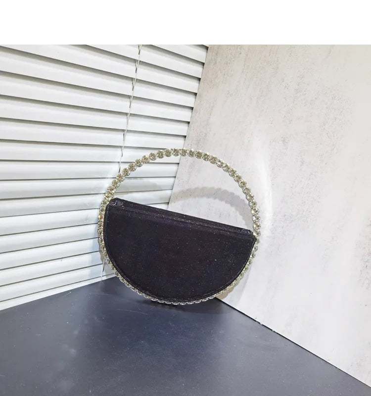 Lady Blue/Pink Diamond Circular Evening Bag Women Fushia Round Handle Rhinestone Dinner Clutch Purse Ladies Half Moon Handbags